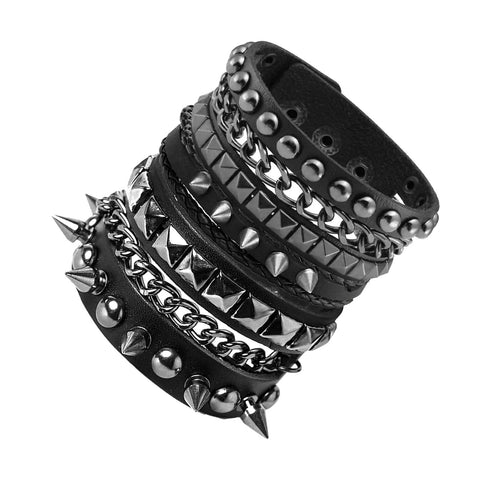 Badass 3 Piece Punk Gothic Leather Bracelet Set With Vintage Steampunk Spikes And Rivets Wide Adjustable Cuff Wristbands For Men And Women Daily Wear Gear stacked leather wristbands with spikes and rivets