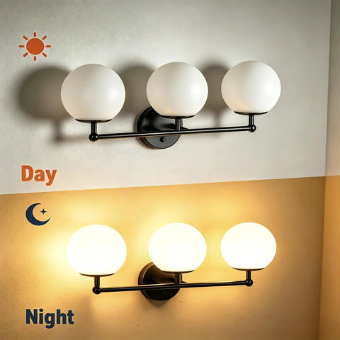 Three Light Black Vanity Light Fixture With Milky White Glass Globe Shade Sleek Modern Minimalist Wall Sconce Over Mirror Lighting