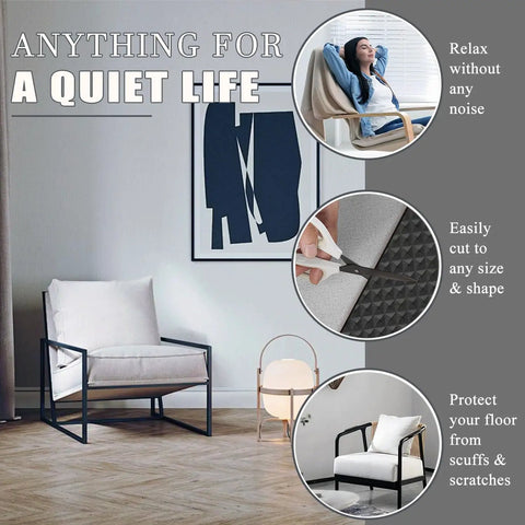 Living room with chair and graphic showing benefits of Non Slip Furniture Pads 16 Pack Two Inch Grippers For Hardwood Floors and Tile.
