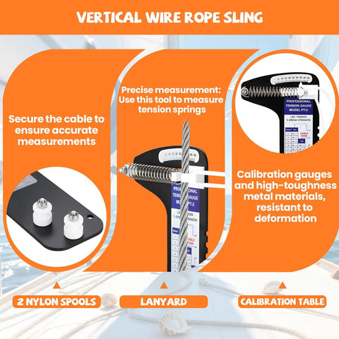 PT2 Sailboat Rigging Tension Gauge With Hands Free Operation Pro Grade Force Meter For Wire Rope And Standing Rigging Measures Three Sixteenths Seven Thirty Seconds And Quarter Inch Cables Up To Two Thousand Pounds, vertical wire rope sling
