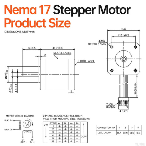 Nema 17 stepper motor blueprint showing front and side views with shaft, mounting holes, and dimensions.