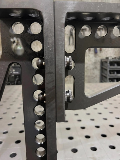 Hassle Free 5/8 Quick Release Ball Lock Pins For Modular Welding Fixture Tables 4 Pack Heavy Duty Steel Workholding Clamps in use.
