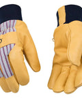 Premium Leather Work And Ski Gloves 1927KW Medium with pigskin palm, Otto striped canvas back, durable for cold jobs.