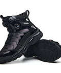 Composite Toe Work Sneakers For Men And Women With Anti Smash Protection And Kevlar Puncture Resistant Midsole Lightweight Non Slip Outsole Durable Safety Sneakers For Tough Jobs And All Day Comfort shown in black color, side view displaying sole.