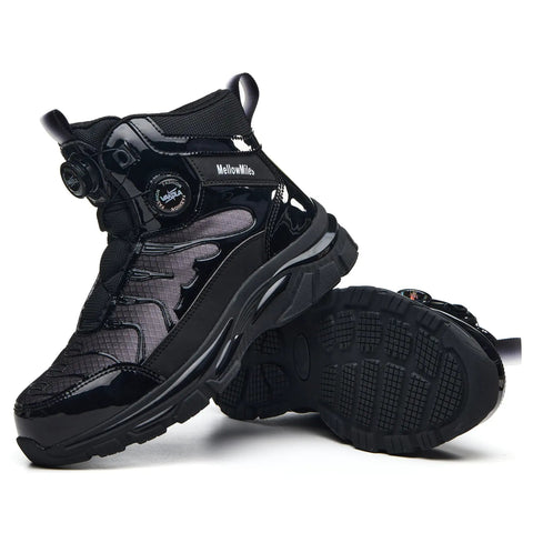 Composite Toe Work Sneakers For Men And Women With Anti Smash Protection And Kevlar Puncture Resistant Midsole Lightweight Non Slip Outsole Durable Safety Sneakers For Tough Jobs And All Day Comfort shown in black color, side view displaying sole.