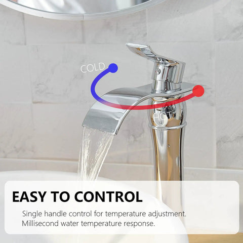 Close-up of Chrome Vessel Sink Faucet Tall Waterfall Design With Pop Up Drain Single Handle Polished Finish Without Overflow 1 Hole