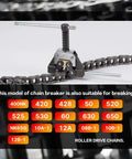 Roller Chain Detacher Tool For 420 428 520 525 530 630 Chains Heavy Duty Dismantling Tool shown with chain setup