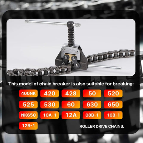 Roller Chain Detacher Tool For 420 428 520 525 530 630 Chains Heavy Duty Dismantling Tool shown with chain setup