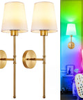 Set Of Two Wireless Wall Sconces With Rechargeable Dimmable Led Bulbs And Remote Control Delivering Fifteen Vibrant Shades And A Straight Up Sleek Gold Design For Bedroom Hallway Or Living Room, featuring stylish gold finish and fabric shades.