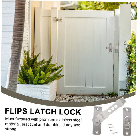 Stainless Steel Sliding Barn Door Lock And Latch Heavy Duty Rotating Hasp With Secure Gate Bolt Built Tough For Cranked Tight Security And A No Fuss Setup To Keep Your Spot Locked Up Smooth installed on a white gate with green plants.