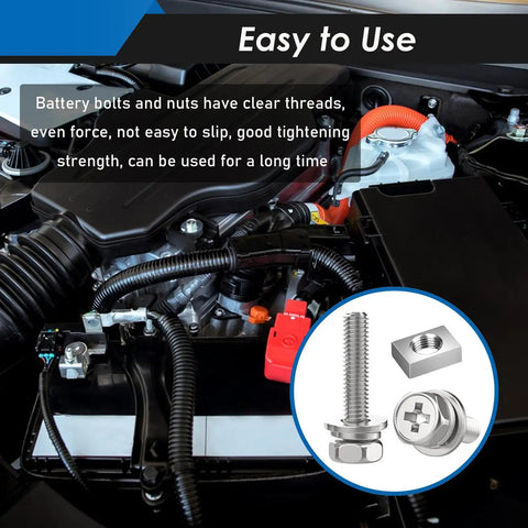Close-up of 72Pcs Battery Terminal Bolts And Nuts Kit Stainless Steel 304 with M6-M20 sizes shown on engine bay.