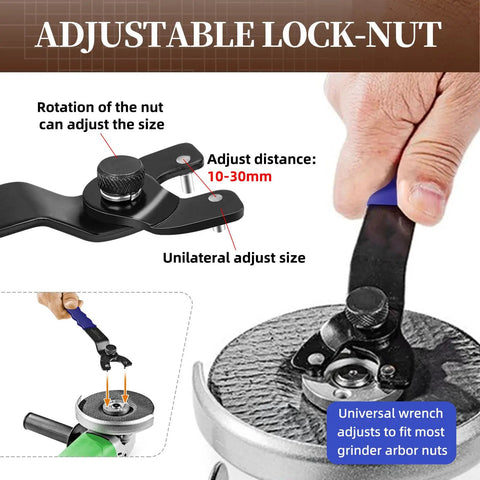 Adjustable lock-nut and wrench from 5 Piece Wood Carving Disc Set For 4 Inch Or 4.5 Inch Angle Grinders With Five Eighths Inch Arbor
