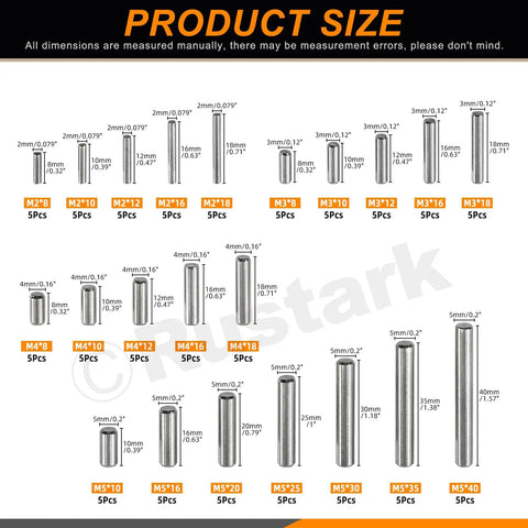 110 Piece Dowel Pin Set In 304 Stainless Steel, 22 Sizes From M2 To M5, Cylindrical Shelf Pins And Rod Fasteners For Mechanical Projects, Manufacturing, And DIY Use. Size chart with M2 to M5 pins