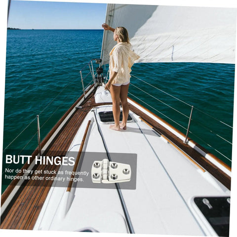 Heavy Duty 316 Stainless Steel Mirror Polished Yacht RV Door Hinges Two Pack next to person on yacht deck