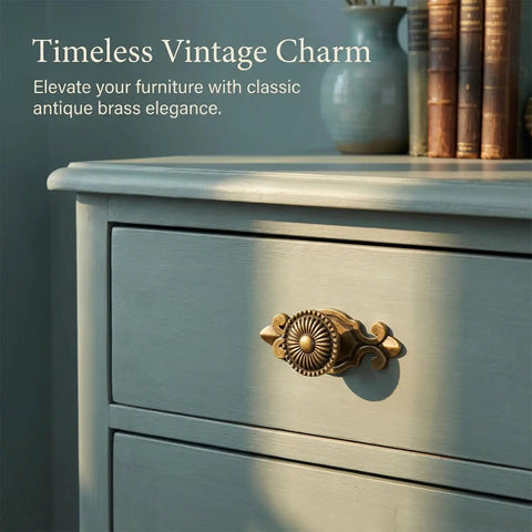 12 Pack Brass Cabinet Knobs With Backplates Antique Vintage Retro Style installed on a drawer showcasing timeless brass elegance