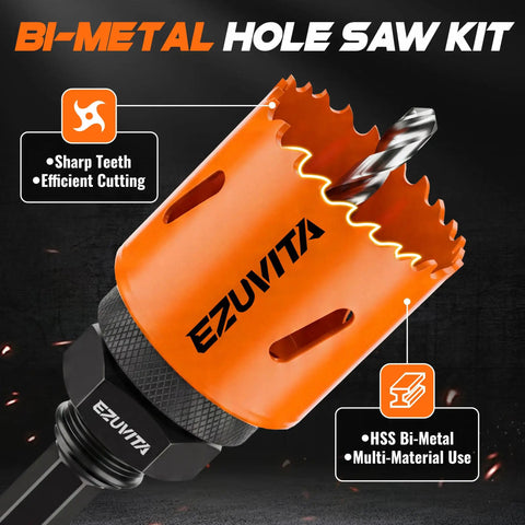 Bi-Metal Hole Saw Kit With One Arbor Fits All, 17-Piece Set From 3/4 to 2-1/2 Inch Hole Saws, Includes Drill Bits, Hex Key, Storage Case