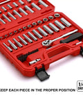 62 Piece One Quarter Inch Drive Master Socket Set with Ratchets CR V Steel SAE and Metric Sockets in red case