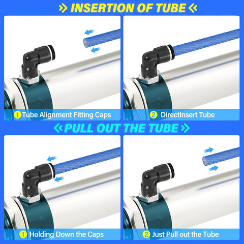Demonstration of blue 10mm OD reinforced polyurethane air tube hose insertion and removal in pneumatic equipment