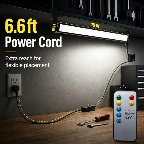 40W LED Shop Light With Remote Control 6500K Boss Level Bright Dimmable Garage Light with 6.6ft power cord and remote on table