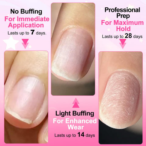 Natural nails prepared with Ultra Fast Nail Glue For Acrylics And Press Ons, process showing buffing stages for different hold.