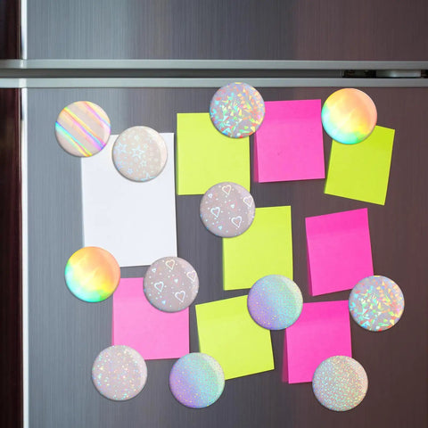 Fridge with post-it notes using 200 Pack 70mm Badge Protective Film in 8 Holographic Styles, Transparent Glitter Coating