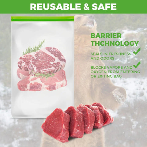 3 Pack Odor Proof Bear Bags For Food Storage, 12x20 Inch Reusable Double Track Zip Closure displaying meat inside, with bear in background.
