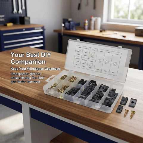 Zero Hassle 170 Piece Auto Trim Clip And Screw Assortment Kit Hella Fits Door Panels Dashboards And Hoods For Every Daily Driver Or Weekend Warrior Smooth Install Durable Fasteners in a transparent storage box.