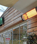 Infrared Patio Heater With Remote Control 1500W Dual Mount Indoor Outdoor Heat Source Wall Or Ceiling Install Or Portable Tripod Stand Easy Remote Timer Safe Design For Backyard Deck Patio Garage Or Living Space mounted on wooden wall