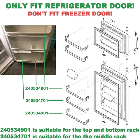 Three Pack Refrigerator Door Shelf Retainer Bars Replacement For Frigidaire And Kenmore Rack Bar Rail Diagram and Installed View