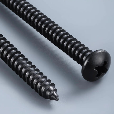Close-up of Number Eight By Three Quarters Inch Self Tapping Pan Head Wood Screws With Phillips Drive and Black Oxide Finish.