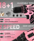 Pink 195 Piece Household Tool Kit With 12V Cordless Drill Driver Women Friendly Power Drill Set In Plastic Toolbox For Home Office Garden And DIY Projects showing adjustable torque and 2 speed gear control features.