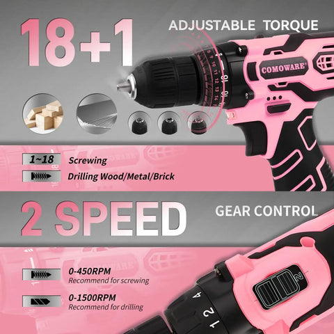 Pink 195 Piece Household Tool Kit With 12V Cordless Drill Driver Women Friendly Power Drill Set In Plastic Toolbox For Home Office Garden And DIY Projects showing adjustable torque and 2 speed gear control features.