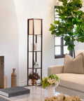 Maxwell Dope Modern Shelf Floor Lamp With Shade And Warm White LED Bulb in living room with Havana Brown finish