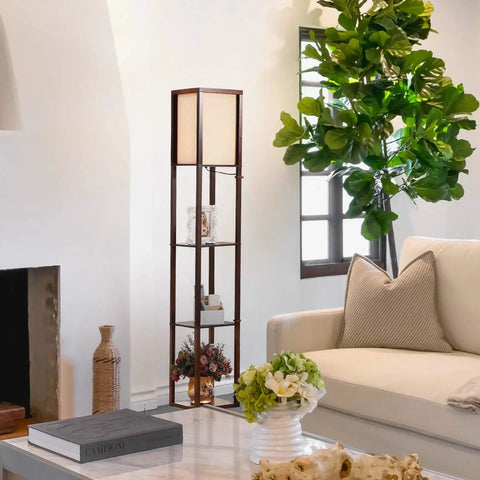 Maxwell Dope Modern Shelf Floor Lamp With Shade And Warm White LED Bulb in living room with Havana Brown finish