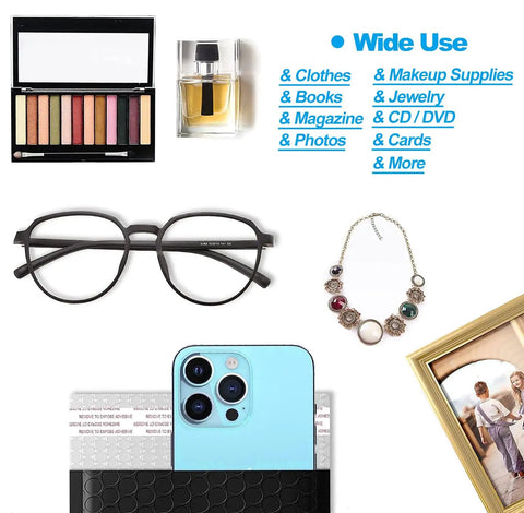 Assorted items including glasses, necklace, phone, and makeup near 6x10 Inch Bubble Mailers 50 Pack Self Sealing Waterproof Padded Mailers