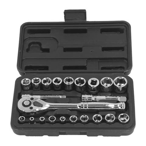 Pro Grade Hex Socket Wrench Set With 72 Tooth Quick Release Reversible Ratchet For Automotive Repair Garage Ready 20 Piece Vanadium Steel Tool Kit Includes Three Eighths And One Quarter Inch Sockets Extensions And Durable Case in open case