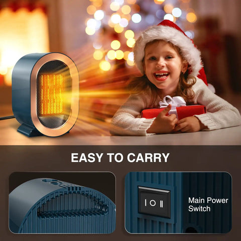 Quiet Ceramic Space Heater For Indoor Use next to child enjoying warmth; includes main power switch detail
