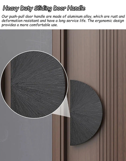 Close-up of Half Moon Barn Door Handle Hardware Set Red Double Sided Glass Door Pulls, aluminum, sliding door mount, textured finish.