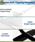 Double Outdoor Hammock With Stand For Patio Backyard And Beach, Heavy Duty Steel Frame, Portable Foldable Design