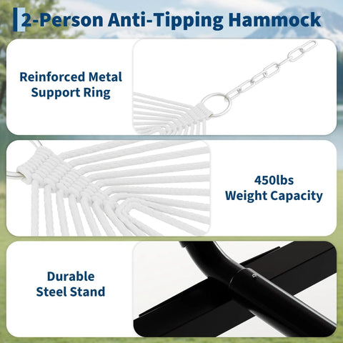 Double Outdoor Hammock With Stand For Patio Backyard And Beach, Heavy Duty Steel Frame, Portable Foldable Design