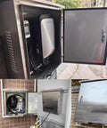 Heavy Duty Outdoor EV Charger Enclosure with locking door and transparent panel, weatherproof metal housing.