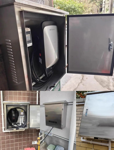 Heavy Duty Metal EV Charger Wall Enclosure Box Drip Safe Water Resistant Charging Station Armor for Outdoor Garage use with visible charging setup.