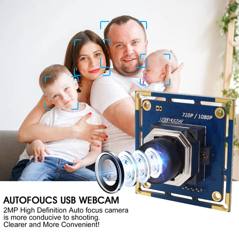 USB Camera Module With Autofocus 2MP 1080p FHD Industrial Grade Webcam 100fps displayed with family image focus demonstration.