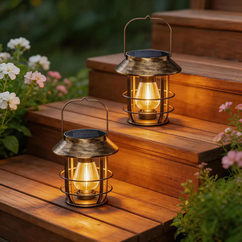 Two Pack Solar Lanterns Outdoor Waterproof Hanging Lights With Wall Hooks Retro Metal Lanterns on wooden steps at night
