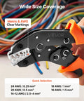 No Sweat Ratcheting Wire Crimper Pliers For 24 To 12 AWG Terminals With Quick Release And Clear Metric Markings, showing size markings.