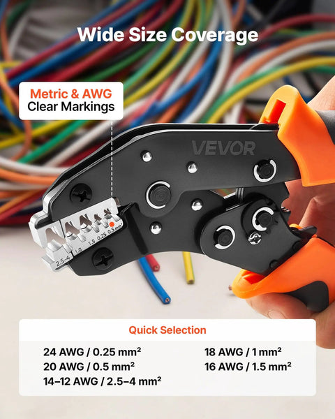 No Sweat Ratcheting Wire Crimper Pliers For 24 To 12 AWG Terminals With Quick Release And Clear Metric Markings, showing size markings.