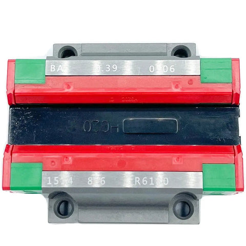 HGW20CC Linear Guideway Workhorse For Heavy Load Flange Block W Mounting Top Or Bottom Light Preload Z0 Normal Precision C With Self Aligning Circular Arc Groove For Smooth High Precision Linear Motion, grey and red block