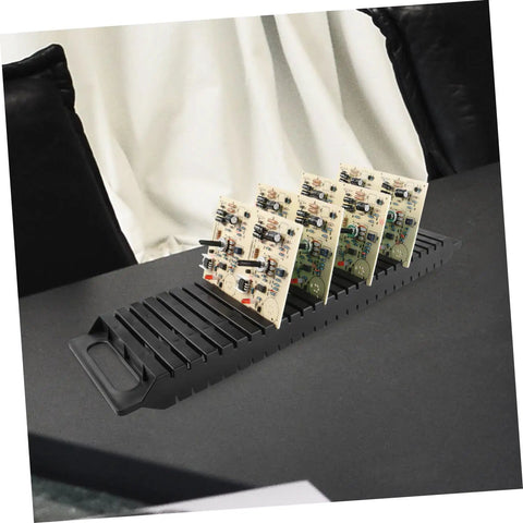 Anti Static PCB Rack 3 Piece Set Pro Grade 25 Slot ESD Safe Circuit Board Storage on black workbench.