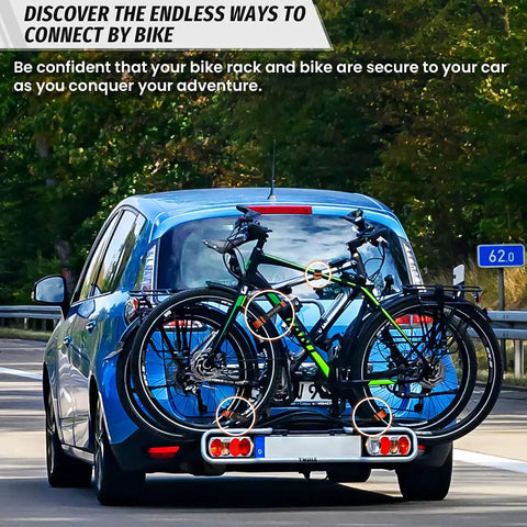 Car with two bicycles and adjustable bike rack strap set 24 inch bicycle wheel stabilizers with gel grip heavy duty non slip straps on road