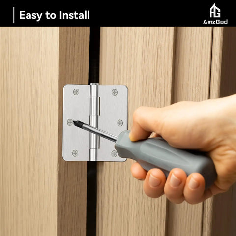 Top Shelf Interior Door Hinges In Brushed Nickel With Rounded Corners Solid Iron Residential Hardware being installed with a screwdriver.